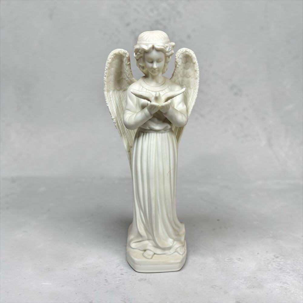 Porcelain Off White Angel Statue Figurine Holding Dove Outspread Wings 11"